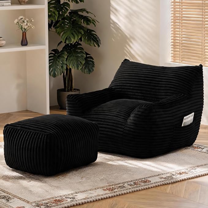 Oversized Bean Bag Chair with Ottoman, Bean Bag Couch with 2 Side Pockets, Corduroy Boneless Couch Chair in a Box, Comfy Lounge Chair for Living Room, Bedroom, Dorm, Black by Nivayor
