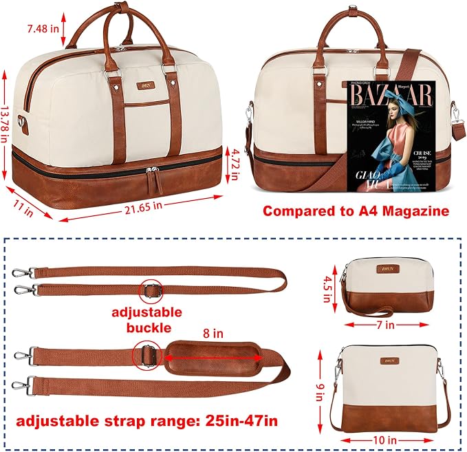Weekender Bag for Women, Large Overnight Bag Canvas Travel Duffel Bag Carry On Tote with Shoe Compartment 21" 3Pcs Set - Image 4