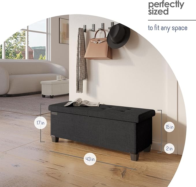 Storage Ottoman Bench with Bins, 43-in Storage Bench for Bedroom End of Bed, Folding Foot Rest Ottoman for Living Room Max 660lbs, Fabric Ottomans, Black - Image 9