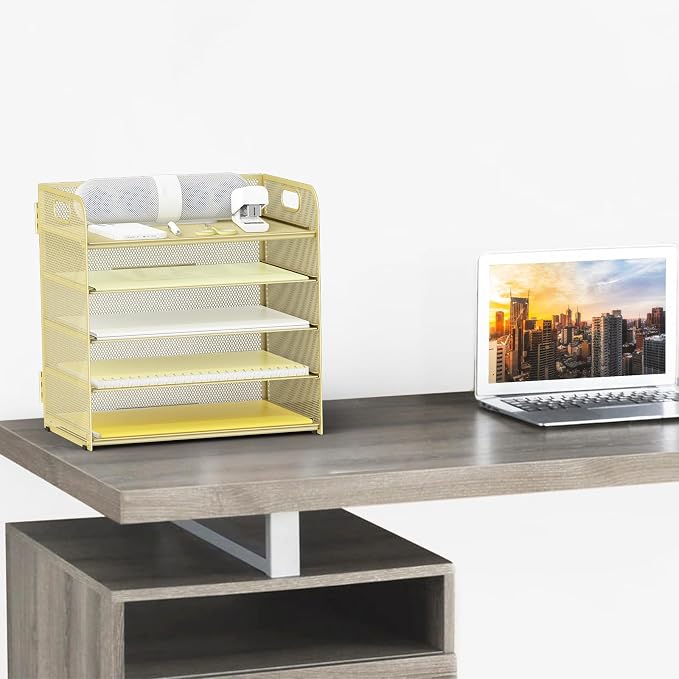 Sinboun Letter Tray Paper Organizer 5-Tier Desk Organizer File Organizer Paper Holder with Handle, Metal Desktop Document Shelf Tray Office Classroom Organization - Gold - Image 3