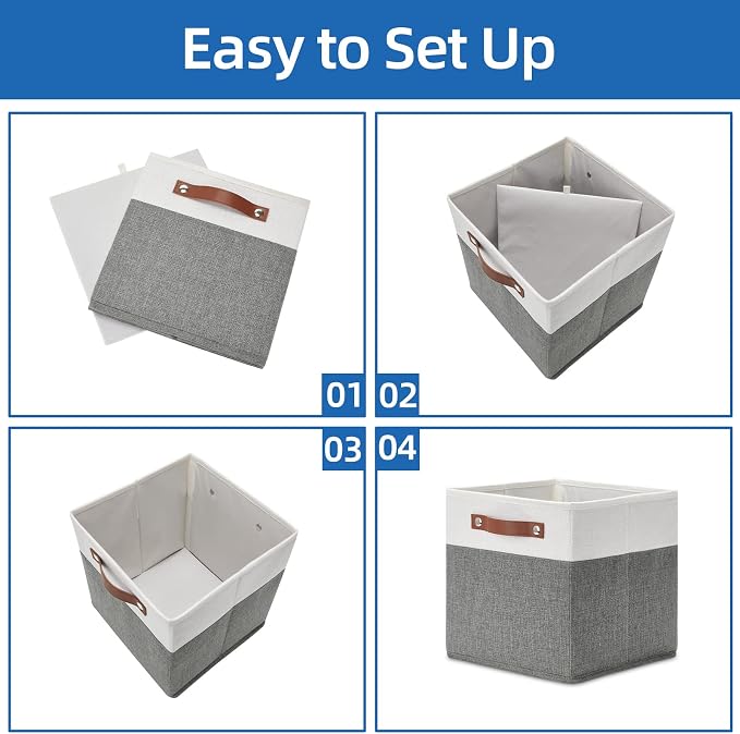 Temary Cube Storage Bins 4 Pack Storage Cubes 11?11 Fabric Storage Bins Foldable Cube Storage Baskets with Handles, Collapsible Storage Basket for Shelf (White & Grey, 11 x 11 x 11) - Image 7