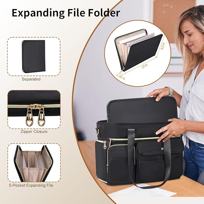 ESTARER Women Teacher Tote Bag 2Pcs, 15.6'' Laptop Work Bag Computer bag with Expandable File Folder, Large Water-Resistant Messenger Shoulder bag w/Insulated Pocket for Office/Travel/College, Black - Image 4