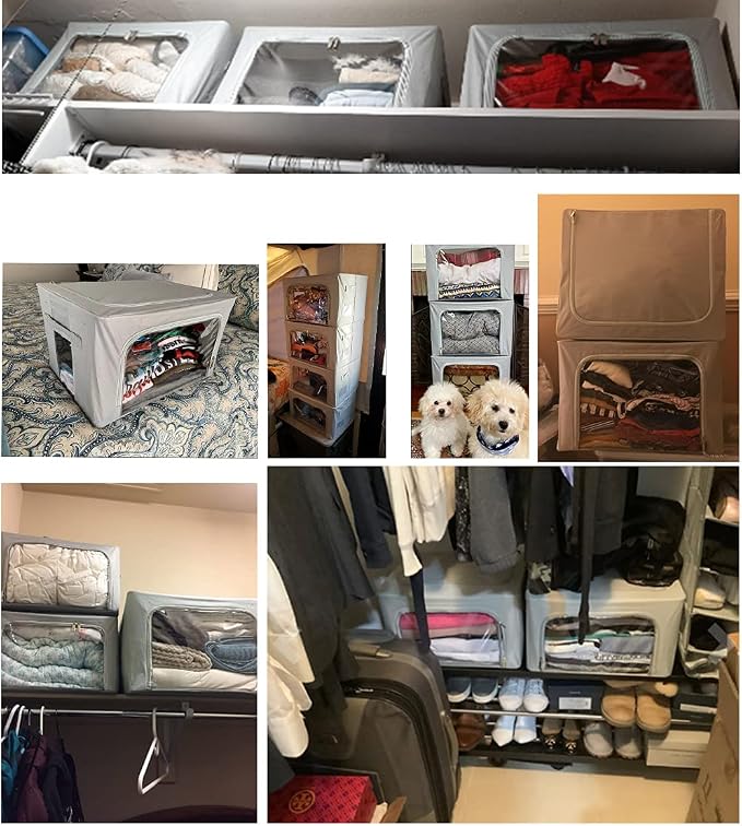 Clothes Storage Box Bins Stackable Foldable Organizer with Metal Frame for Clothing Bedding Shelves,Closet Container with Clear Window Zipper and Label Holder (Gray,Small-40L x3 Pack) - Image 7