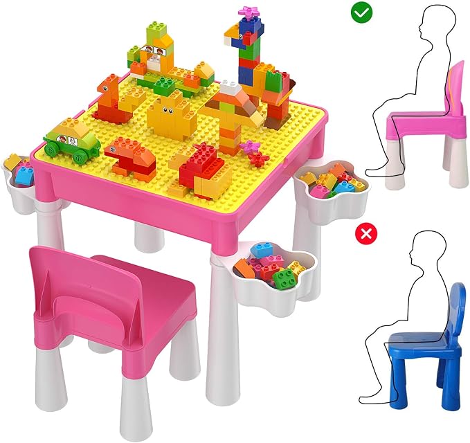 burgkidz Toddler Building Table Set: 1 Chair 128 Blocks 4 Storage Bin Pink | Leakproof top sand/water. Sturdy ABS, smooth edges. 4 storage bins (1/leg) & 128 bricks. Ideal 3+ yrs. Great gift - Image 3
