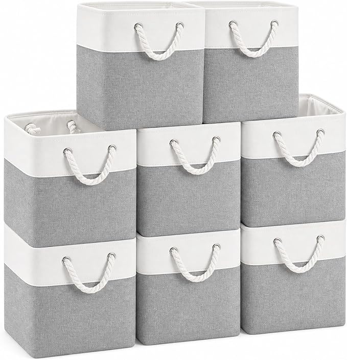 11x11 Inch Cube Storage Bins, 8 Pack Collapsible Fabric Storage Cubes with Rope Handles, Waterproof Foldable Storage Baskets for Cube Shelves, Closet, Clothes, Toys, Books, White & Gray by MSHABOOR