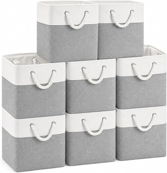 11x11 Inch Cube Storage Bins, 8 Pack Collapsible Fabric Storage Cubes with Rope Handles, Waterproof Foldable Storage Baskets for Cube Shelves, Closet, Clothes, Toys, Books, White & Gray by MSHABOOR