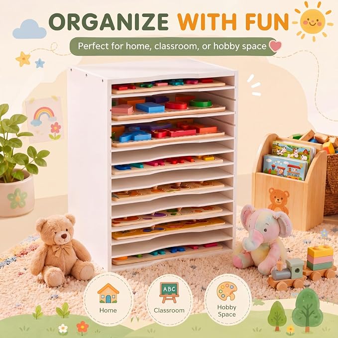 Ripeng 1 Pack Bamboo Puzzle Holder Rack, 12-Tier Adjustable Storage Organizer for Flat and Thick Jigsaw Puzzles, Space Saving Desktop Shelf, Gift for Craft Jigsaw Puzzle Lovers (White) - Image 5