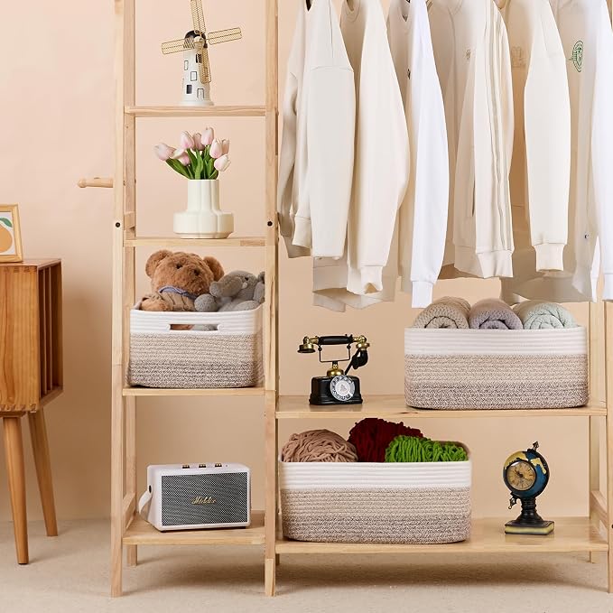 MiniArk Large Storage Baskets for Shelves, 17 x 13 x 7.5” Closet Organizers Bins for Clothes Blanket Towels, Baby Nursery, Toy Baskets Box, Woven Rope Baskets, 2 Packs Gradient Brown - Image 3