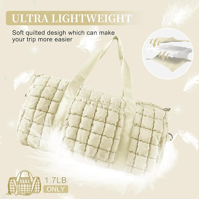 Quilted Travel Duffle Bag Gym Bag for Women,Large Puffer Duffle Weekender Bag with Compartment,Workout Overnight Carry on Organizer Bag Duffle Bag for Airplane Travel(L-Off-white) - Image 8
