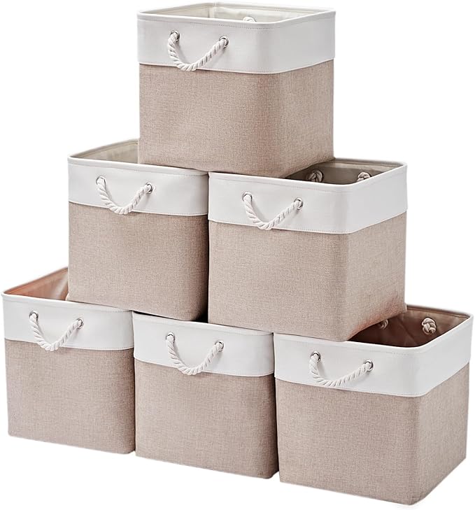 MidmmVick 12 x 12 Inch Cube Storage Bins, 6 Pack Large Collapsible Fabric Storage Bin with Ropes, Foldable Storage Cubes for Home, Office,Closet, Clothes, Toys Organizer (White & Beige) by Midmmvick