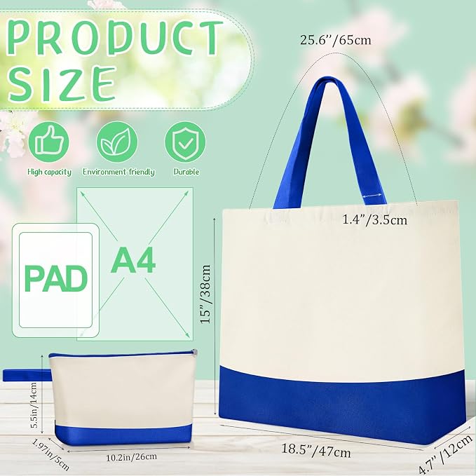 Sanwuta 50 Pcs Canvas Tote Bags Bulk with Zipper Cosmetic Pouch,Blue | 18.5" Reusable Cotton Shopping Bag with Handle for DIY Craft - Image 3