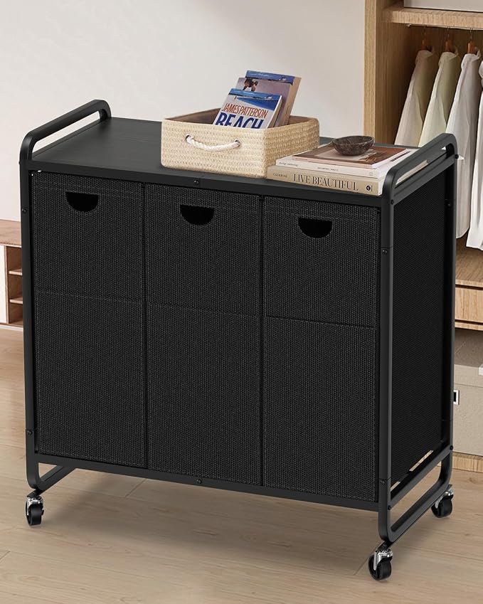 Laundry Sorter 3 Section,Laundry Basket with Wheels,3×15.8 Gal (60L) Black | Laundry Room Organization with Wooden Desktop Shelf,Pull-Out and Removable 900D Oxford Fabric Laundry Bags for Laundry Room - Image 9