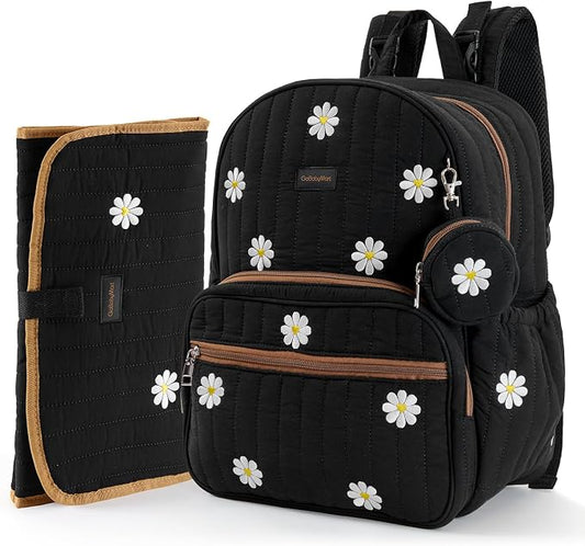 Large Diaper Bag Backpack with Changing Pad, Insulated Bottle Pockets, Travel & Hospital Bag for Mom & Dad (Large - Black Flowers) by GoBabyMart