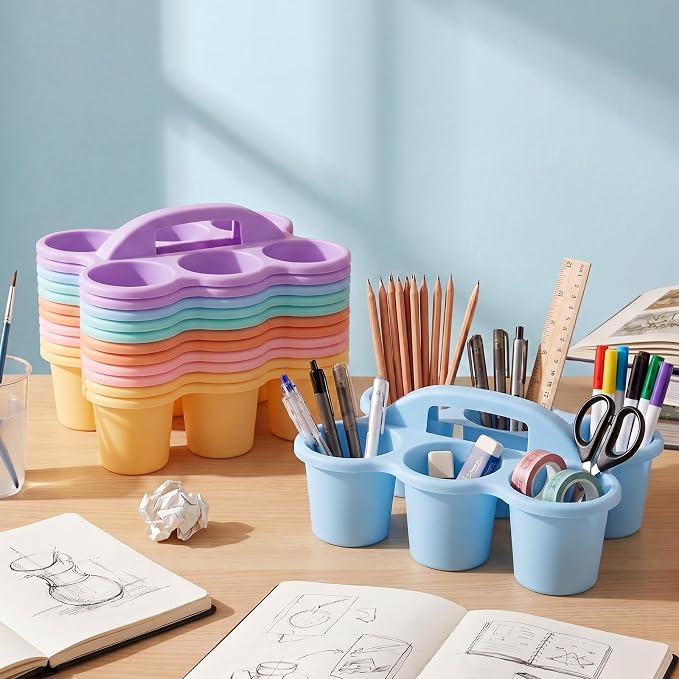 12 Pcs Classroom Caddy Bulk - Plastic 6 Compartments Table Storage Caddy with Handle for School Pencil, Crafts Marker, Crayon Art, Drink Cup Delivery (Macaron Colors) - Image 4