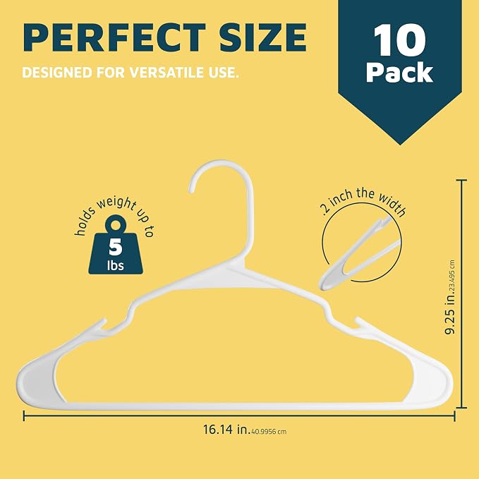 Lifemaster Plastic Clothes Hangers – Heavy Duty Hanger Set, for Organizing Clothes, Dresses, and Coat, Holds Up to 5 lbs, Space-Saving Hangers with Non-Slip Shoulder Grooves, Pack of 10, White - Image 2