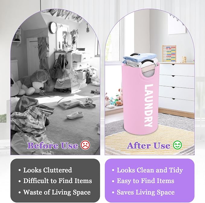 Pink Laundry Basket,Hampers for Laundry with Handle,Foldable Clothes Basket | IHOMAGIC 95L 2PCS Freestanding Nursery Laundry Basket, Water-resistant Storage Bin, Laundry Bag for Student, Family, Pink - Image 5