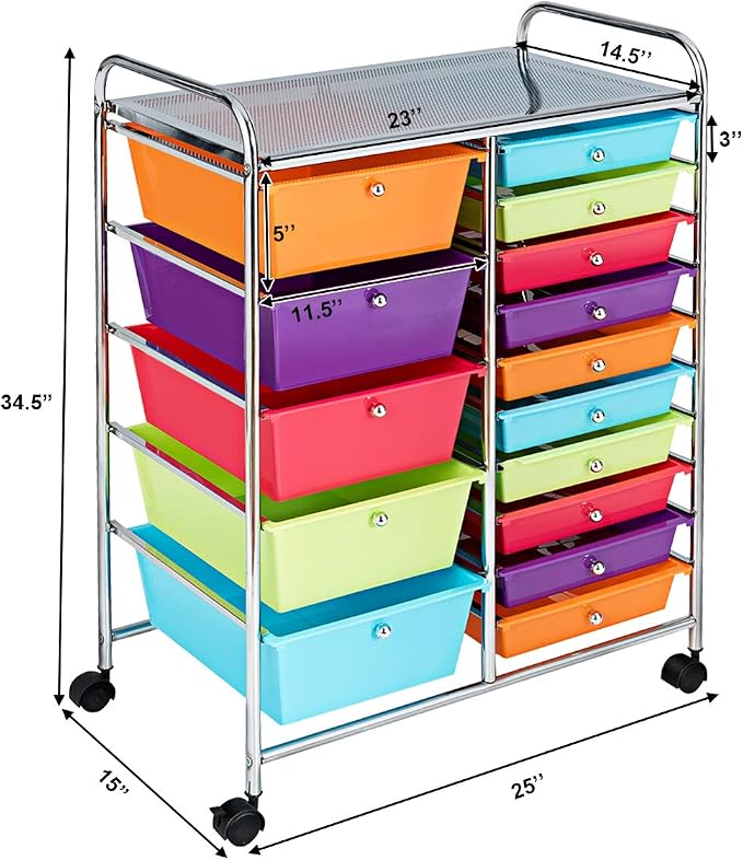 RELAX4LIFE 15 Drawer Rolling Storage Cart, Mobile Drawer Carts for Craft Art Supply Paper Salon, Utility Cart on Wheels for Classroom Teacher School Office, Rolling Cart with Drawers (Multi-Color) - Image 3