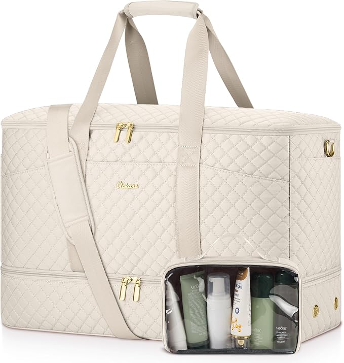 Duffle Bag for Travel, 40L Weekender Bag with Shoe Compartment, Carry On Overnight Bag for Women with Toiletry Bag Duffel Bags with Wet Pocket for Gym Hospital Bags for Labor and Delivery Beige by Unknown