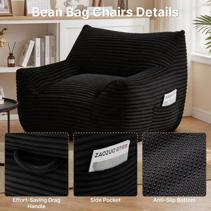Bean Bag Chair for Adults & Kids, Giant Bean Bag Sofa with Side Pocket, Corduroy Beanbag Chair with Armrests, Comfy Stuffed Floor Sofa for Living Room Bedroom Dorm, Black - Image 6