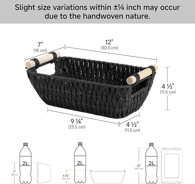 StorageWorks Small Storage Basket, Organizing Baskets for Shelf, Black | Wicker Storage Baskets for Shelves, Baskets with Wooden Handles, 2-Pack Gifts Basket for Home Decor, Hand-Woven Basket - Image 3