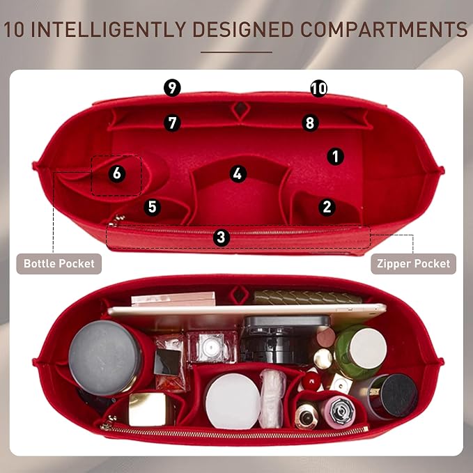 Purse Organizer Insert for Handbags & Base Shaper 2pc Set, Felt Neverfull GM Organizer Insert, Tote Bag Organizer with Zipper Pocket and Bottle Holder, Fit Neverfull GM and More, Red-XL - Image 4