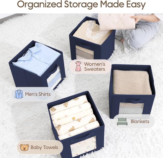 Storage Cube 11 Inch - Cube Storage Bins with Window, Closet Storage Baskets with Handle, Fabric Bins for Closet, Shelves, Toys, Clothes, Set of 16, Navy Blue - Image 5