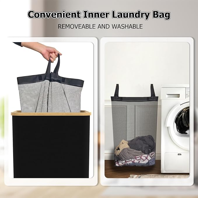 Laundry Basket with lid, Collapsible Laundry Hamper with Bamboo Handle, Dirty Clothes Hampers with Removable Laundry Bag for Clothes Toys Towels (Black, 100L 2 Pack) - Image 6