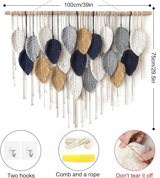 Alynsehom Large Macrame Wall Hanging, Boho Handmade Leaf Feather Bohemian Woven Tapestry, Chic Wall Art Home Decor for Bedroom Living Room Nursery Apartment Decorations(39" W x 29.5" L) - Image 3