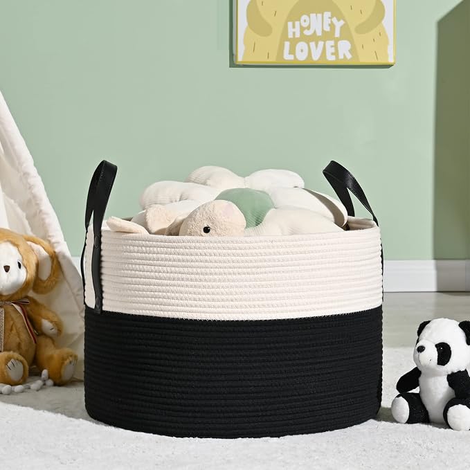 KAKAMAY Large Blanket Basket (20"x13"),Woven Baskets for storage Baby Laundry Hamper, Cotton Rope Blanket Basket for Living Room, Laundry, Nursery, Pillows, Baby Toy chest (White/Black) | Extra Large Capacity | Natural Cotton Rope | Blanket Storage | W... - Image 7