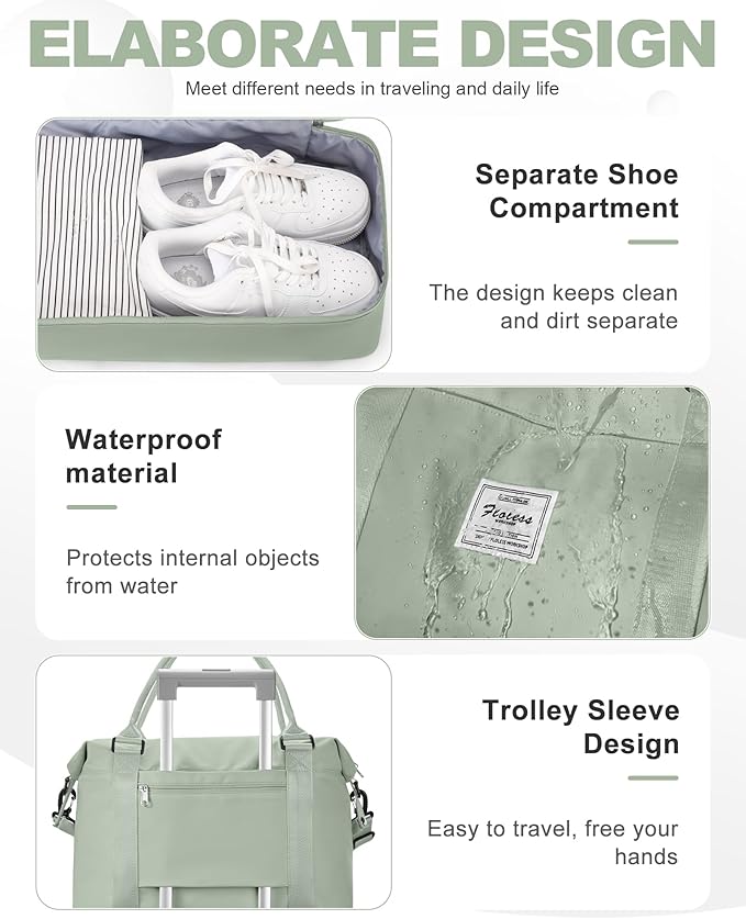 Travel Duffel Weekender Bag Women Tote Carry On Bags With Shoe Compartment | 18x14x8 inches Travel Overnight Bags with Trolley Sleeve for Airplanes Sport Tote Gym for Men Lightweight Daypack BeigeGreen - Image 5
