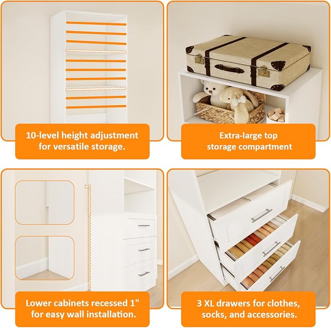 Closet System with 6 Drawers & 8 Shelves, Wood Closet Organizer System with 2 Extra Hanging Rod for Walk in Closet, Modular Closet Organizer System White(4FT) - Image 5