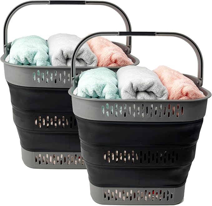 SAMMART 38L (10 Gallon) Collapsible Plastic Laundry Basket - Portable Pop-Up Storage Container/Organizer – Foldable Space Saving Laundry Hamper (2, Grey/Black) by SAMMART