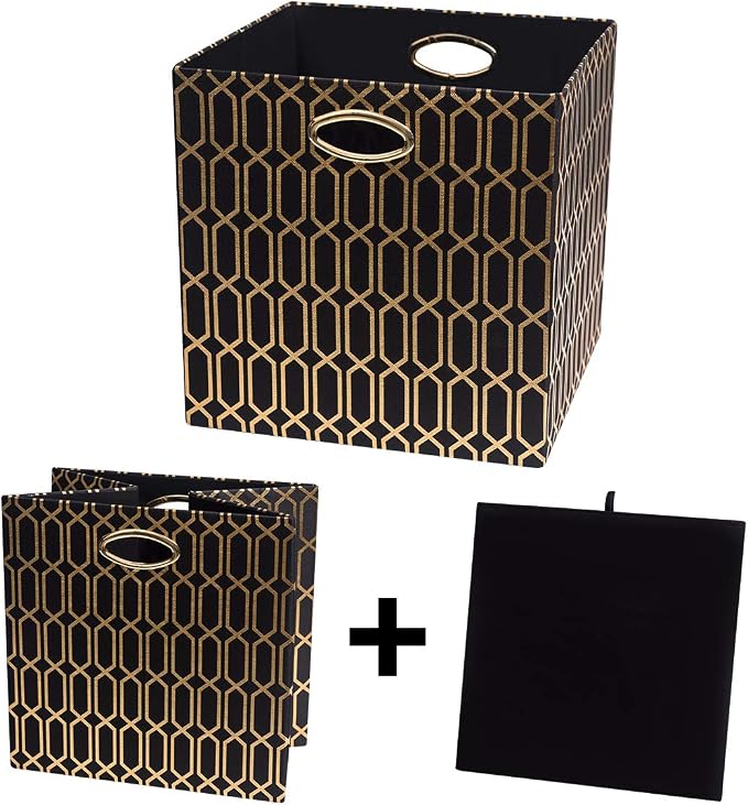 Posprica Storage Bins, Storage Cubes,13×13 Fabric Drawers Organizer Basket Boxes Containers (13×13×13/4pcs, Black/gold geometry Pattern) - Image 4