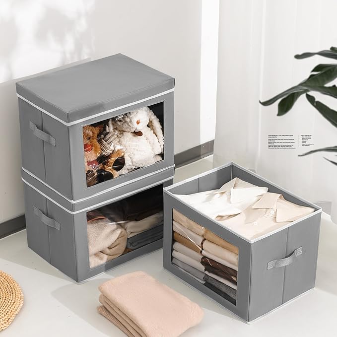 Storage Bins with Lids, 4 Pack Large Storage Cubes with Window, Closet Bins with Lids & Handles, Fabric Box for Organizing Clothes, Towels, Books, Grey - Image 4