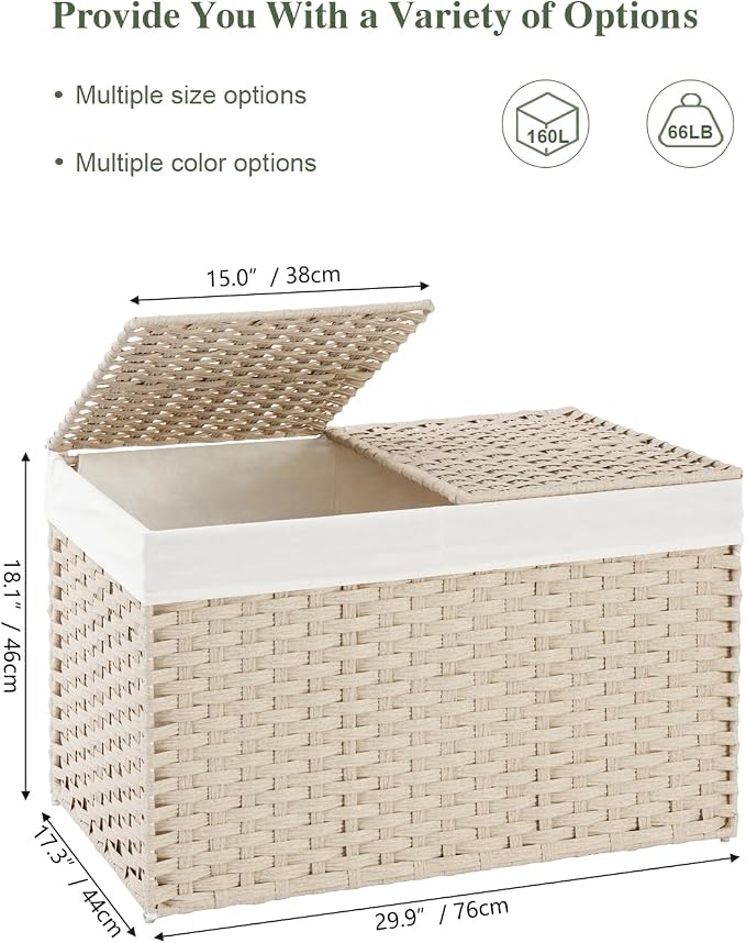 SETVSON Storage Basket with Lid 160L Wicker Baskets Storage Light Khaki | Divided Clothes Organizer,42.3 Gallon Dual Lid Jumbo Blanket Storage Trunk, 2 Washable Liner Bags, Collapsible PE Rattan Bin - Image 2
