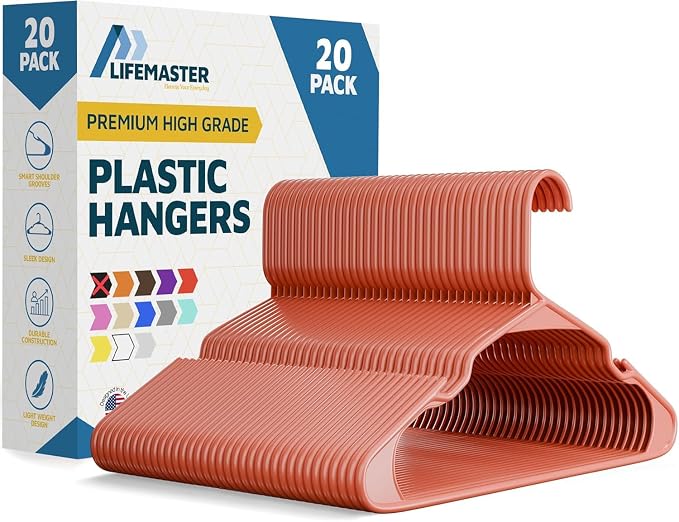 Lifemaster Plastic Clothes Hangers – Heavy Duty Hanger Set, for Organizing Clothes, Dresses, and Coat, Holds Up to 5 lbs, Space-Saving Hangers with Non-Slip Shoulder Grooves, Pack of 20, Dark Brown by LIFEMASTER