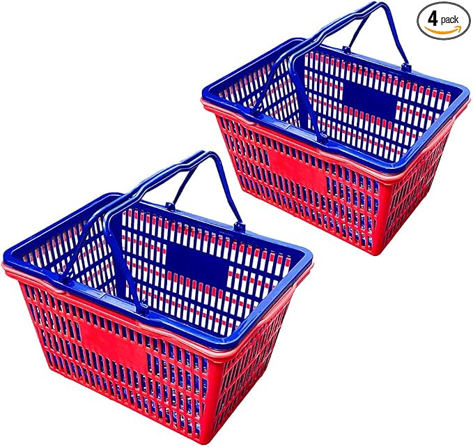 Stackable Plastic Shopping Baskets, Red and Blue, Easy-Grip Handles for Grocery, Retail, Liquor Stores, Home Use (4-pack, Red & Blue Assorted) by C-Store+Packaging