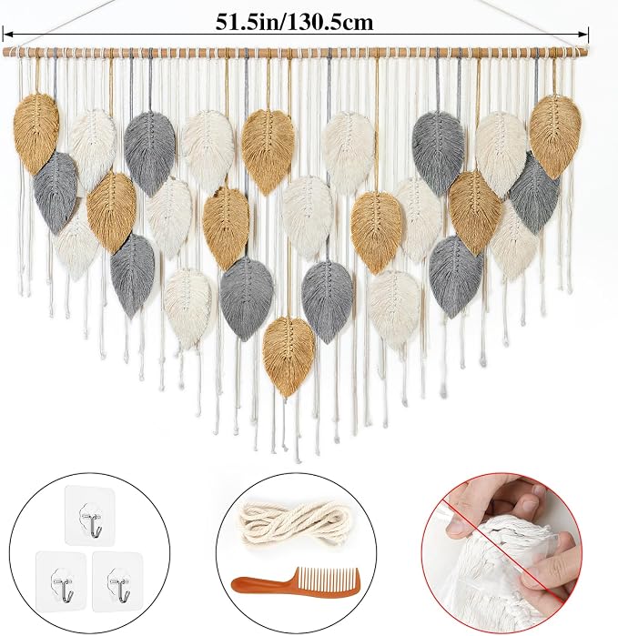 Large Macrame Wall Hanging Boho Woven Tapestry Chic Modern Home Decorations | KHOYIME Bohemian Farmhouse Handmade Leaf Feather Wall Art Decor for Living Room Bedroom Nursery Dorm Backdrop 51.5"W X 33.5"L - Image 2