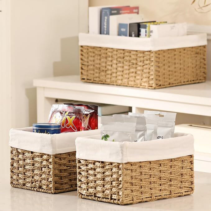 Wicker Baskets for Storage, Set of 5 Hand-Woven Wicker Storage Baskets for Shelves, Cube Storage Baskets Bins with Handles, Wicker Basket for Organizing Pantry Bedroom, Natural - Image 8