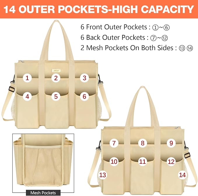 IBFUN Utility Tote Bag with 24 Pockets, Large Teacher Travel Tote for Women | Large Work Tote Bag 2pcs with Zipper for Travel Daily School Teacher Nurse, Large Lightweight Laptop Shoulder Bag Handbag - Image 3