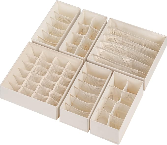 6 Pack Sock Underwear Drawer Organizer Dividers, 58 Cell Foldable Fabric Dresser Closet Organizers and Storage Bins for Clothing, Baby Clothes, Bra, Panty, Scarf, Ties (Beige) - Image 8