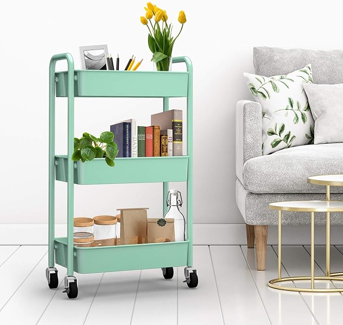 CAXXA 3-Tier Rolling Metal Storage Organizer - Mobile Utility Cart, Kitchen Cart with Caster Wheels (Aqua Green) - Image 4