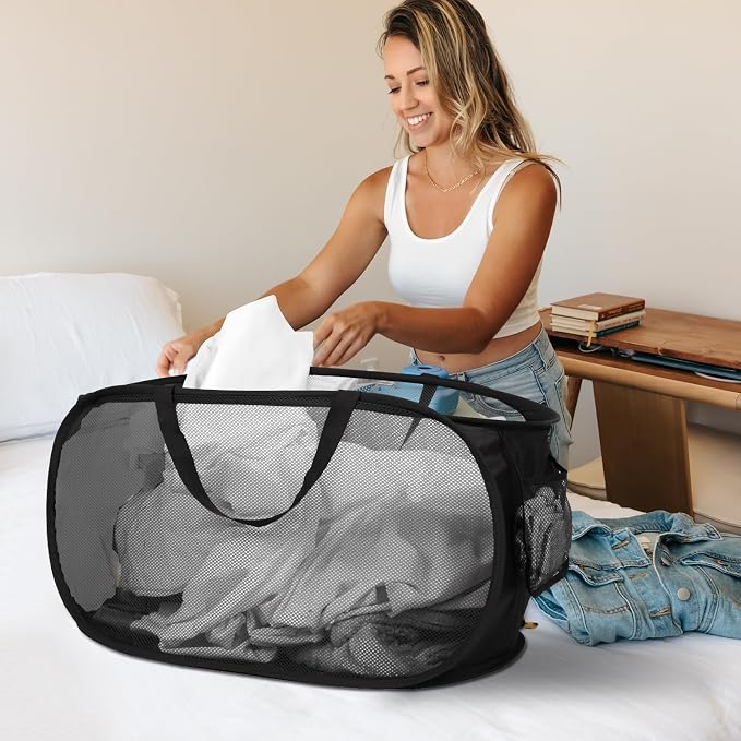 Sturdy Collapsible Laundry Baskets- Pop Up Laundry Hampers with Handy Pocket, Foldable Clothes Hamper with Reinforced Carry Handles for Laundry, Bathroom, Kids Room, Dorm or Travel Black - Image 3