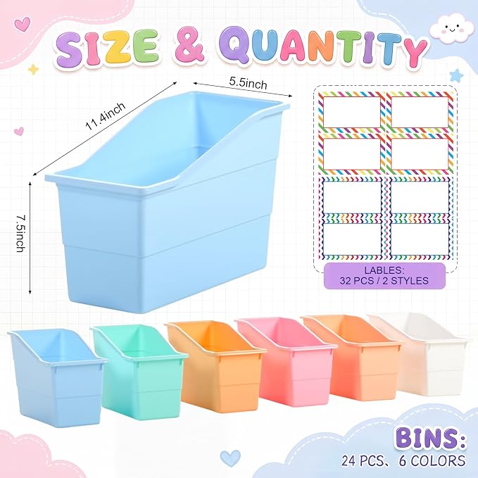 Blosssound 24 Set Book Bins for Classroom Stackable,Cloud Pastel | Plastic Baskets with Labels, Slanted Front, Library Supplies Organizers, Desktop Storage Bins, Teachers Home School Use - Image 2