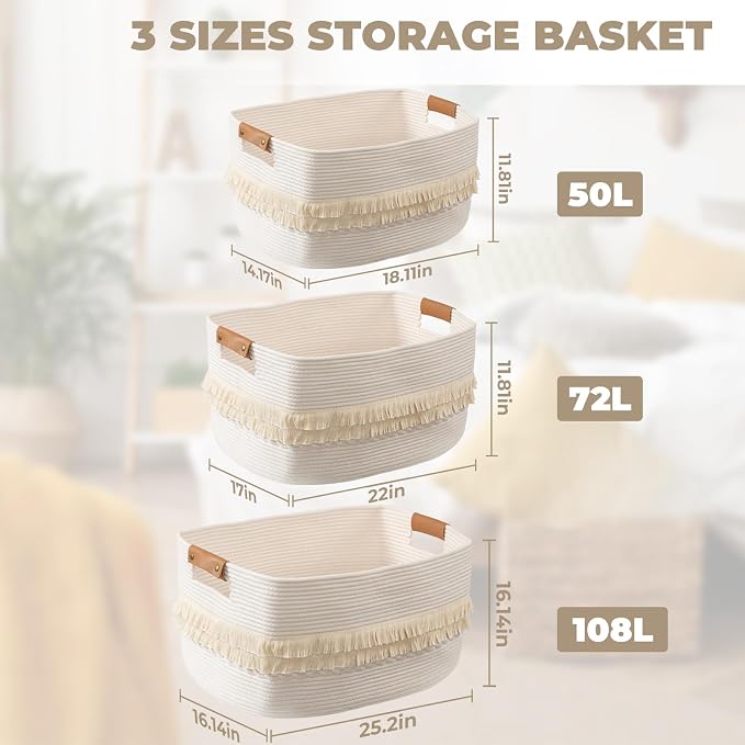 108L Large Basket for Living Room, Boho Decorative Basket Organizing with Handles, Cotton Rope Storage for Toys, Pillows, Clothes, 25’’*16’’*16’’ White - Image 5