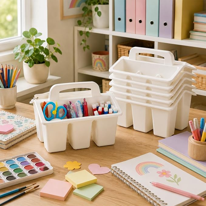 8 Pack Classroom Caddy Storage Basket with Handle 4 Compartment Storage Caddy Plastic Arts Crafts Caddies Protable Classroom Craft Caddies for Kids Schools Art Craft Supplies(White) - Image 4