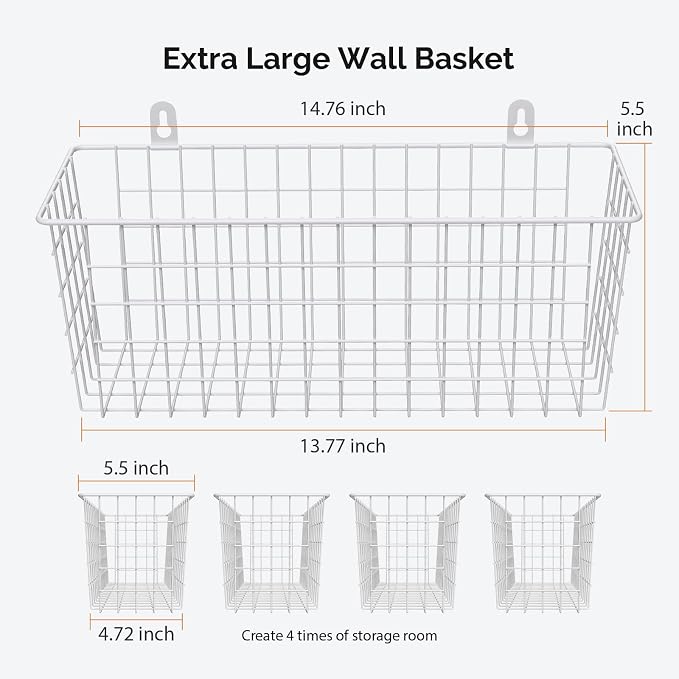 MaraFansie Wire Basket 4-Pack [Extra Large] Hanging Wall Organizer Cabinet Storage Basket Wall Mounted Shelves Rustic Farmhouse Decor for Home Kitchen Bathroom, White - Image 2