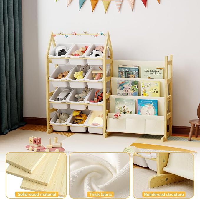 Wooden Toy Storage Organizer Kids Bookshelf, with 12 Toy Organizer Bins, Child Book Shelf for Kids Rooms, Nursery, Baby Room, Playroom, Montessori Toys Storage Organizers Rack Bookcase Shelves - Image 3