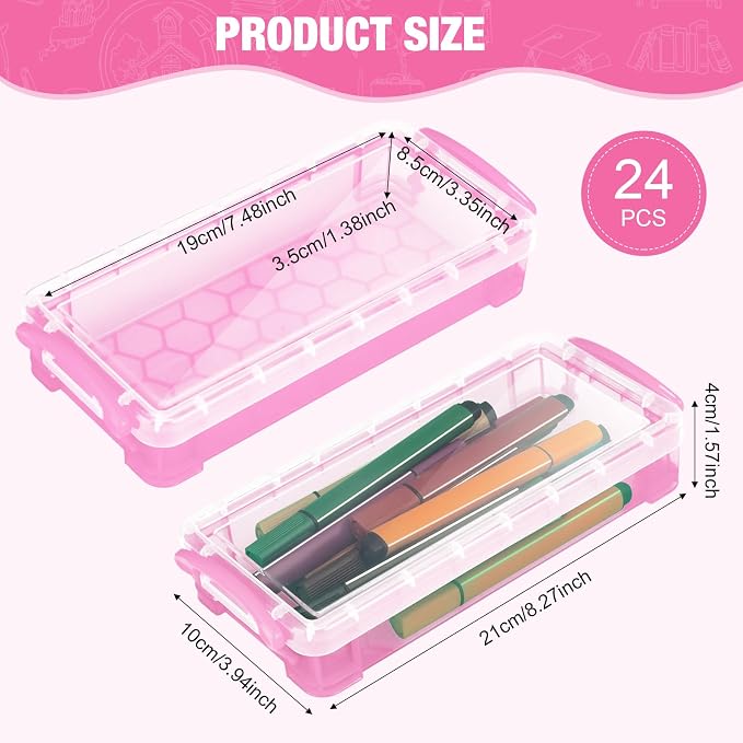 Gueevin 24 Pcs Large Capacity Plastic Pencil Box Clear Plastic Pencil Case Crayon Box with Snap Tight Lid Watercolor Pen Storage Brush Organizer Drawing Tools Container (Light Pink) - Image 2