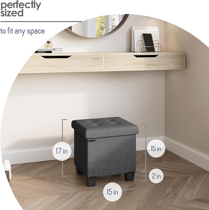 Storage Ottoman Cube with Small Bin, 15-in Square Ottoman with Storage for Living Room and Bedroom, Small Ottomans Foot Rest, Fabric Foot Stools Ottomans Max 330lbs, Grey - Image 9